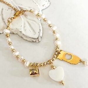 Gold and White Heart Charm Bracelet